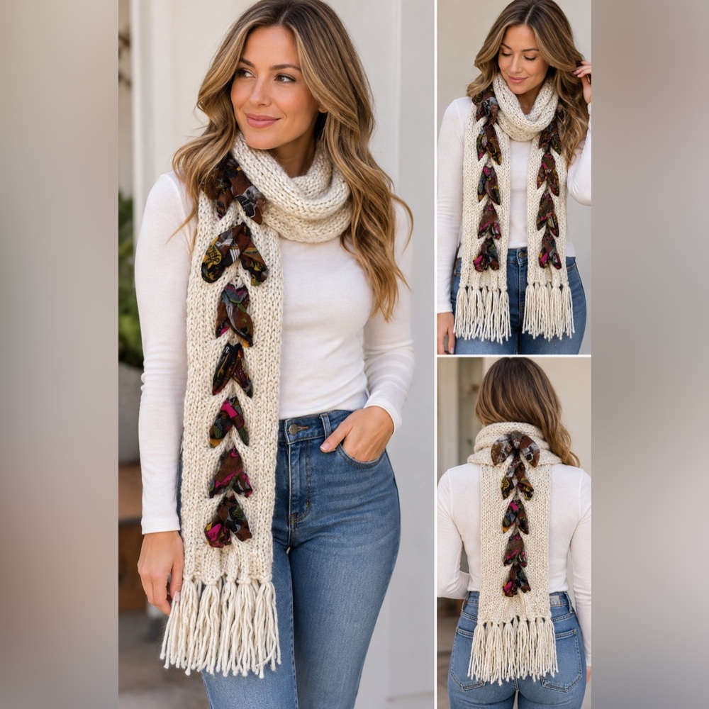 Sakroots chunky Cream Knit Scarf with Multicolor Braided Accents boho casual